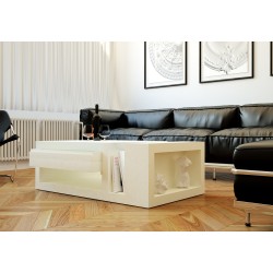 Mesa de centro para salón lacada blanca con un cajón pequeño arriba modelo APOLO