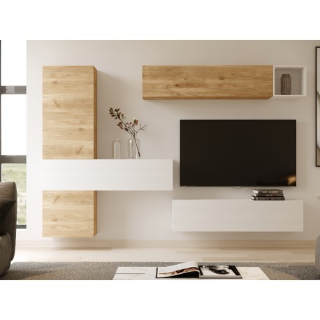 Mueble para salón modular color madera con cajones y estante colgante